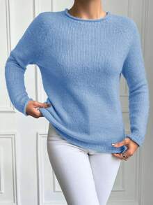 EURMUSE Solid Color Raglan Long Sleeve Sweater - Blue - View 5