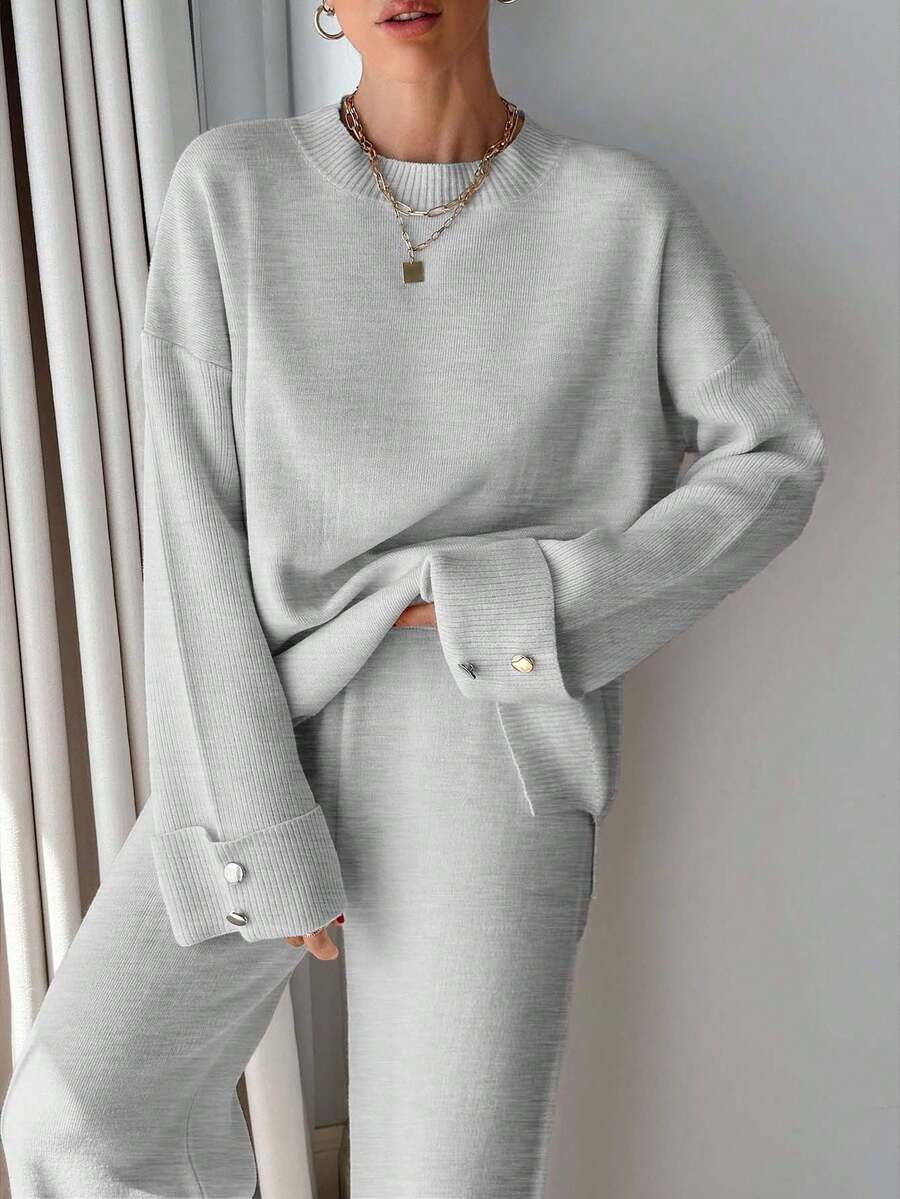 EURMUSE Women Button Detailed Sweater And Pant Set - Light Grey - View 1