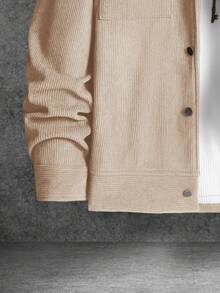 Manfinity Homme Loose Fit Men's Long Sleeve Flap Pocket Drop Shoulder Button Up Corduroy Jacket , Fall Winter - Khaki - View 4
