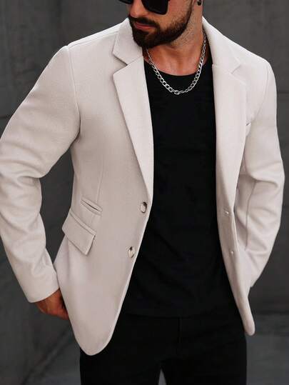 Manfinity Homme 男士纯色翻领单排扣长袖休闲大衣，婚礼，复古，秋冬