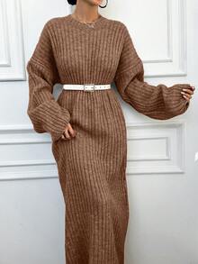 EURMUSE Women's Solid Color Drop Shoulder Long Sleeve Knit Casual Dress,Petite - Krem - View 4