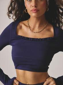 Aralina 休闲服方领荷叶边长袖上衣和紧身裤活力健身两件套女式套装 - 藍色 - 查看 5