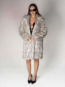 SHEIN ICON Women's Fluffy Animal Print Lapel Long Sleeve Loose Fashionable Long Faux Fur Coat Autumn Winter Clothes For Women - Black and White - View 4