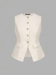 SHEIN MOD Plus Size Apricot Elegant Commuter Vest & Skirt Set Autumn Winter Clothes For Women. Outfit - Apricot - View 9