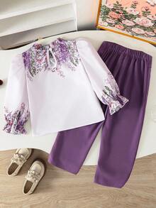 Sparklyn Young Girl Floral Print Shirt And Pants 2-Piece Set Fall Winter
