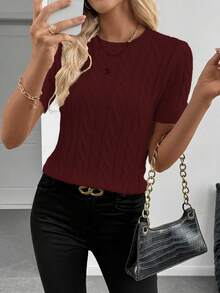 EMERY ROSE Blogger-Inspired Twist Rope Decor Round Neck Knit Sweater, Versatile, Autumn/Winter - Burgundy - View 4