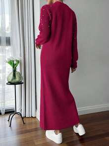 SHEIN Cottnline Round Neck Raglan Sleeve Maxi Sweater Dress With Beading,Winter Dresses For Women,Petite - Hot Pink - View 5
