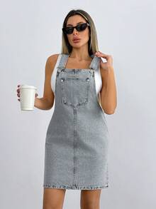 RueChic Váy yếm denim giặt thường ngày, thích hợp mặc đi làm vào mùa hè - Xám - Xem 3