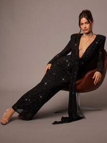 Silquee 女式优雅亮片透视褶饰长袖深V领超长派对连衣裙，秋冬 - 黑色 - 查看 7