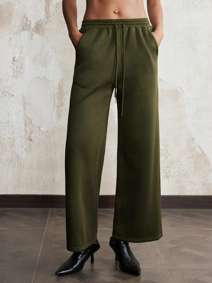 SHEIN Luminelle Women's Casual Straight Leg Pants With Back Pockets & Drawstring Waist - Army Green - View 1