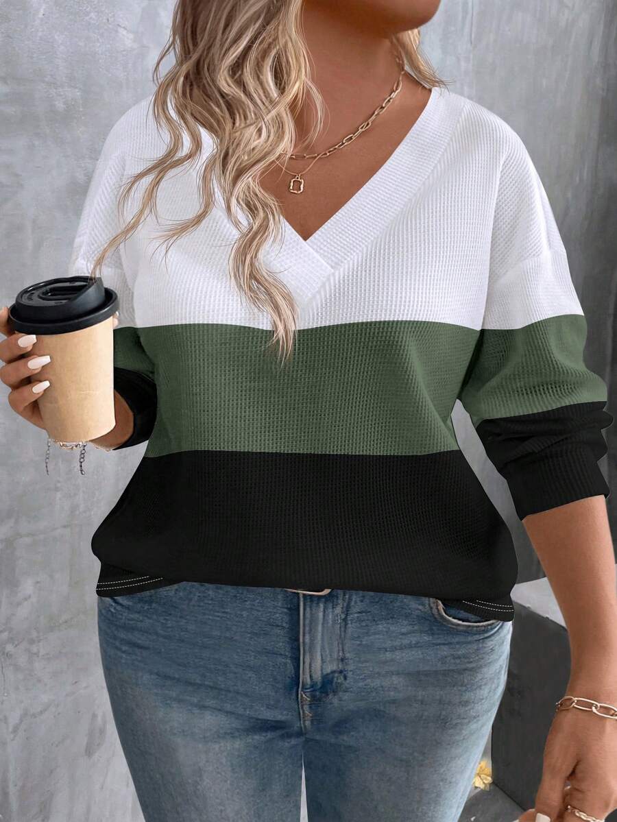 EMERY ROSE Women's V-Neck Layered Collar Color Block Long Sleeve Plus Size T-Shirt, Casual Business Wear For Autumn/Winter - Multicolor - View 1