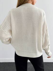 EURMUSE Cable Knit Mock Neck Casual Drop Shoulder Sweater - White - View 2