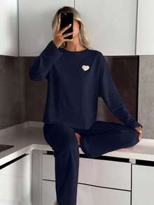 SHEIN Women 2pcs Heart Embroidery Detail Round Neck Long Sleeved Shirt&Pants Homewear Fashionable Lounge Set - Navy Blue - View 6