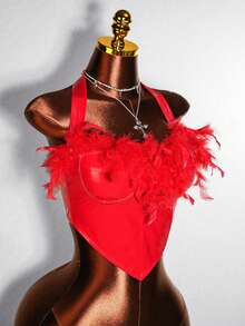 Mistrie Áo crop top lông vũ gợi cảm cho nữ - Đỏ - Xem 4