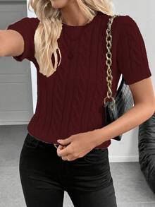 EMERY ROSE Blogger-Inspired Twist Rope Decor Round Neck Knit Sweater, Versatile, Autumn/Winter - Burgundy - View 3