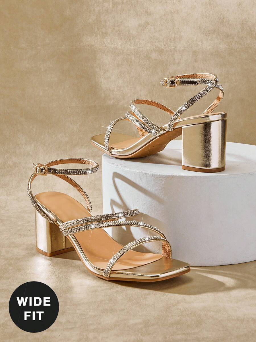 SHUZIA 女士舒适宽跟优雅水钻高跟凉鞋 - 金色 - 查看 1