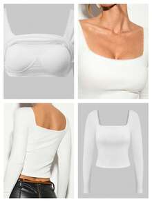 Nuvra 1pc Women's Slim Fit Solid Color Square Neck Long Sleeve Top - White - View 3
