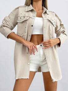 Cottnline 100 % bomull, nitdetalj, ficklock och råa detaljer i denim - Beige - Visa 3