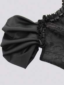 Sweetra 女式荷叶边饰边系带后背紧身胸衣上衣，塑身紧身胸衣复古提花上衣，女士休闲不对称，荷叶边，系带插肩袖露肩修身黑色纯色女式上衣，春夏，休闲日常穿着