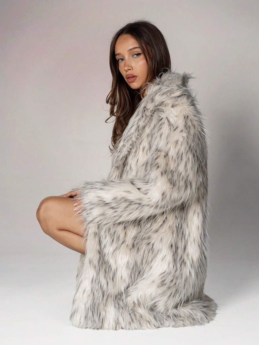 SHEIN ICON Women's Fluffy Animal Print Lapel Long Sleeve Loose Fashionable Long Faux Fur Coat Autumn Winter Clothes For Women - Black and White - View 1