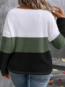EMERY ROSE Women's V-Neck Layered Collar Color Block Long Sleeve Plus Size T-Shirt, Casual Business Wear For Autumn/Winter - Multicolor - View 2