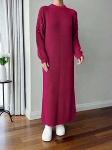 SHEIN Cottnline Round Neck Raglan Sleeve Maxi Sweater Dress With Beading,Winter Dresses For Women,Petite - Hot Pink - View 3