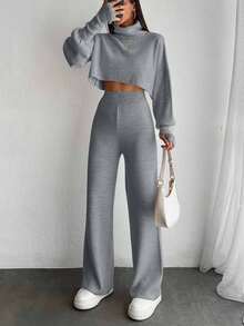 EURMUSE 2pcs/Set Elegant Turtleneck Puff Sleeve Pullover Sweater And Pants Co-Ord Suit,Petite,Winter Clothes - Light Grey - View 7