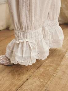 Aralina 圣诞感恩节睡衣女装两件套，包括一件长袖荷叶边蕾丝细节纽扣上衣（可系带）和一条宽松长裤，配套睡衣，可爱睡衣，冬季服装 - 白色 - 查看 8