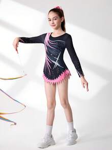 Aktywna odzież z nadrukiem i długim rękawem dla nastolatek, stylowy design do fitnessu, sportów na świeżym powietrzu, tańca, łyżwiarstwa figurowego, jogi i gimnastyki