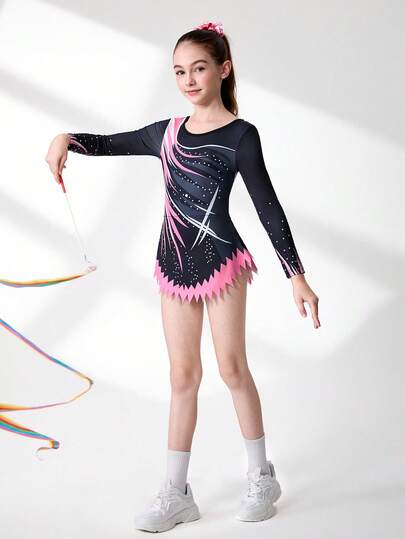 Ropa deportiva de manga larga con estampado para niñas preadolescentes, diseño elegante para fitness, deportes al aire libre, danza, patinaje artístico, yoga, gimnasia