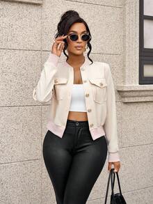 SOLERSUN Áo khoác bomber oversize dáng rộng màu mơ thời trang dạo phố thập niên 90, cổ bẻ cài nút phía trước, cổ áo bóng chày, dáng rộng, thời trang lễ hội âm nhạc - Màu be - Xem 1