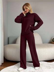 EURMUSE Women High Neck Drop Shoulder Long Sleeve Solid Color Sweater & Knit Pants 2 Pieces Casual Set - Burgundy - View 6