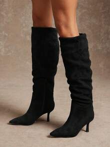 SHUZIA Women's Glamorous Pointy Toe Thigh High Heeled Slouchy Boots - Black - View 5