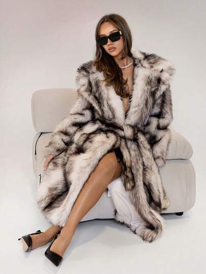 SHEIN ICON 女式仿皮草大衣，竖条纹配腰带，修身，别致性感，大翻领，秋冬时尚