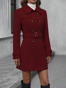 EMERY ROSE Women's Casual & Commuter Double-Breasted Belted Overcoat, Solid Color, Autumn/Winter