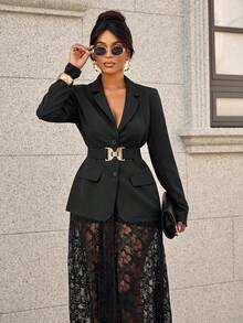 SOLERSUN 女士时尚商务休闲金属腰带西装外套和蕾丝裙（随机花卉） - 黑色 - 查看 4