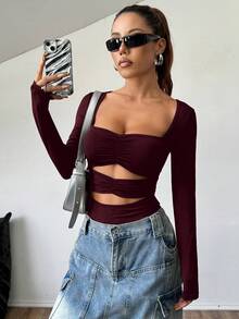 SHEIN Unity Bộ đồ bơi liền thân dài tay cổ vuông khoét lỗ thanh lịch cho nữ dài tay màu đen - Màu Đỏ Sâu - Xem 3