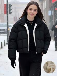 SHEIN Sparklyn Tween Girl 保暖纯色立领保暖内衬短款复古飞行员夹克 - 黑色 - 查看 3
