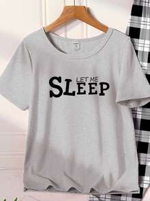 青少年女孩两件套睡衣套装，简约黑色字母印花 T 恤和经典黑白格子裤，时尚休闲家居服 - 黑色 - 查看 5