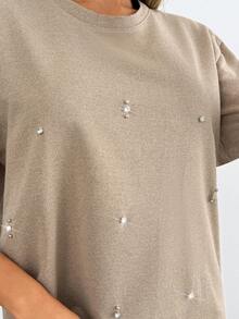 Women Rhinestone Embroidery Detailed Mini Sweat Dress - Mocha Brown - View 5
