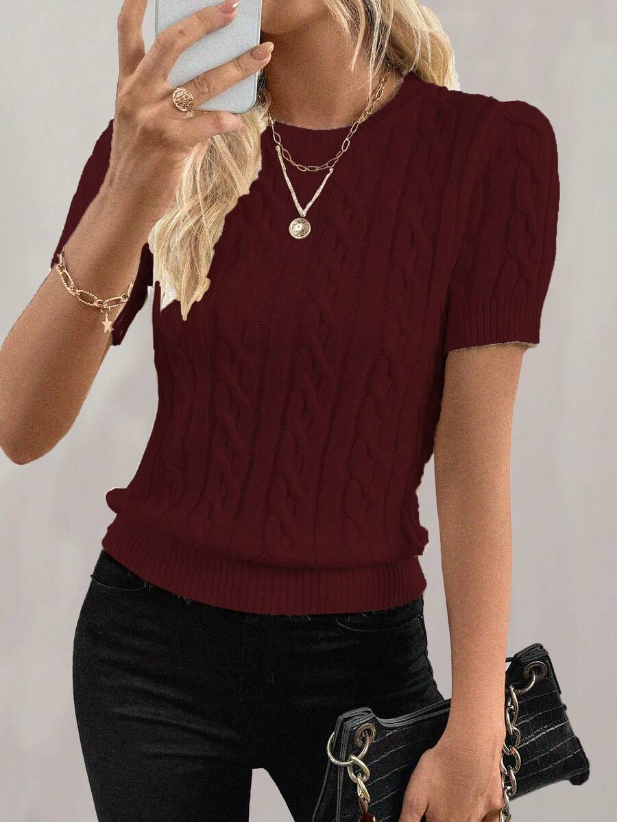 EMERY ROSE Blogger-Inspired Twist Rope Decor Round Neck Knit Sweater, Versatile, Autumn/Winter - Burgundy - View 1