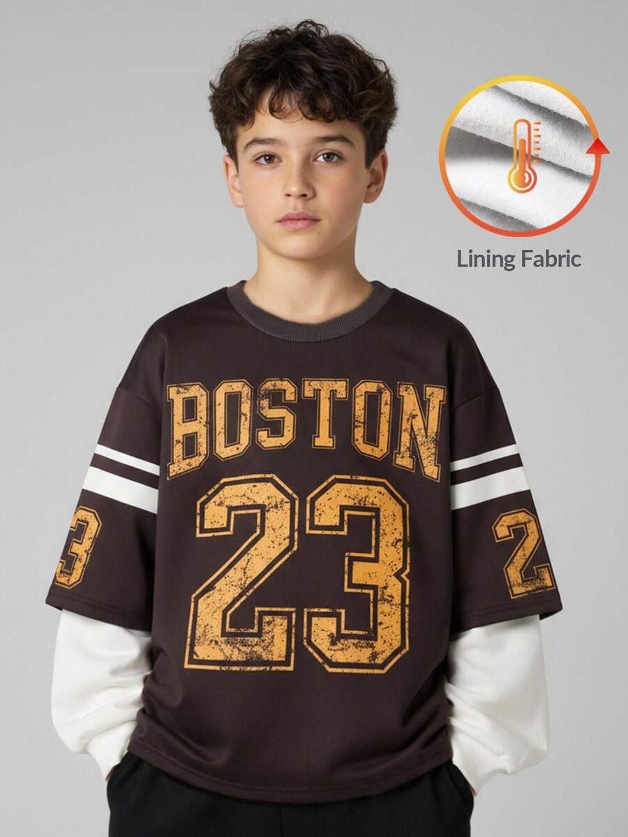 JNSQ Tween Boy Casual Pullover Sweatshirt, Colorblock Graphic Print Long Sleeve Sweatshirt, Suitable For Autumn, Winter Daily Wear, Outdoor Activities, Vacation, Streetwear, Party And Leisure - Coffee Brown - View 1