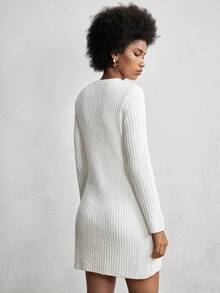 Lumivelle Women's Round Neck A-Line Hem Single-Sided Soft Fleece Casual Sweater Dress - White - View 2