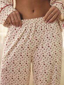 Aralina 睡衣女式 2 件套罗纹花卉印花领扣长袖衬衫和阔腿长裤，撞色滚边和金色纽扣配套套装，可爱舒适睡衣，圣诞睡衣 - 彩色 - 查看 9