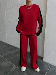 EURMUSE 2pcs/Set Contrast Color Casual Loose Long Sleeve Top And Pants Women Sweater Co-Ords,Petite,Winter Clothes - Red - View 6