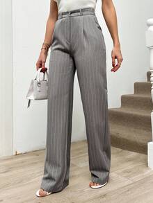 EURMUSE Striped Print Pleated Dress Pants - Light Grey - View 4