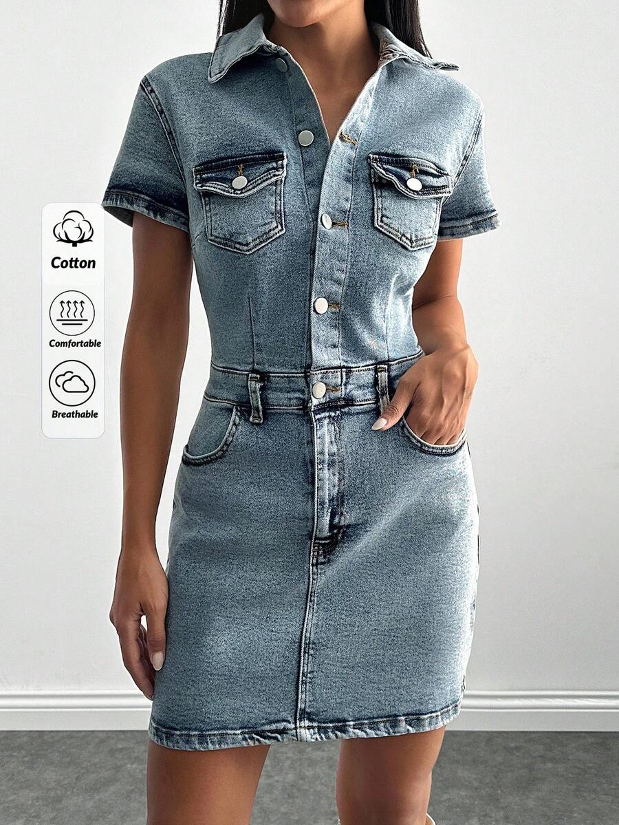 RueChic Mini Button And Belt Detailed Denim Dress - Baby Blue - View 1