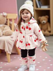 2 pièces/Set Nouveau Bébé Fille Hiver 2025 Cardigan à capuche zippé avec imprimé cerise en fausse fourrure et Top moelleux & Pantalon de couleur unie décontracté - Multicolore - Voir 1