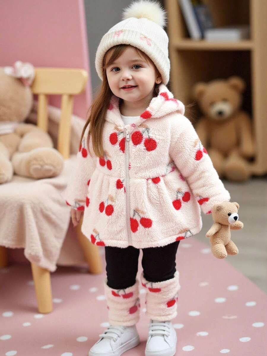 2 pièces/Set Nouveau Bébé Fille Hiver 2025 Cardigan à capuche zippé avec imprimé cerise en fausse fourrure et Top moelleux & Pantalon de couleur unie décontracté - Multicolore - Voir 1