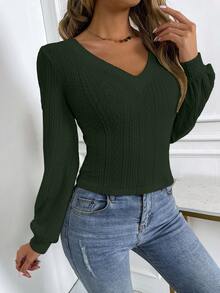 Chiquease Casual Solid Color Textured Lantern Sleeve T-Shirt, Autumn - Army Green - View 7